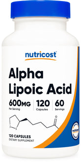 Nutricost Acide Alpha-Lipoïque 600 mg en bouteille, pratique pour la routine quotidienne.