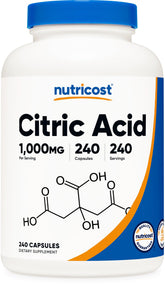 Nutricost Acide citrique capsules en bouteille, dosage pratique pour l'utilisation quotidienne.