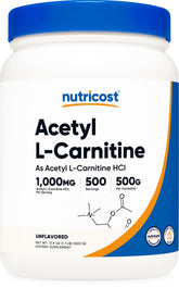 Nutricost Acétyl L-Carnitine en poudre pure, dose de 1000 mg par portion.