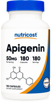Nutricost Apigenin 50 mg capsules – gros plan sur les capsules, dosage pratique pour une utilisation quotidienne.
