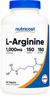 Nutricost L-Arginine 1000mg, tablettes en bouteille, soutien potentiel à l'endurance et récupération.
