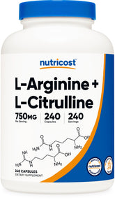 Nutricost L-Arginine L-Citrulline Complex — capsules visibles, soutien potentiel à l’endurance.