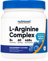 Nutricost L-Arginine Complex flacon bleu-framboise pour soutenir l'effort physique.