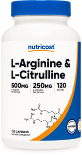 Nutricost L-Arginine L-Citrulline Complex, bouteille: soutien potentiel à l'endurance pendant l'entraînement.