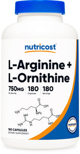 Nutricost Arginine et Ornithine en bouteille de 750 mg, soutien quotidien potentiel.