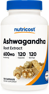 Nutricost Ashwagandha gélules 600 mg sur fond blanc, prise quotidienne pratique.