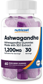 Nutricost Ashwagandha Gummies, bouteille goût myrtille, détente naturelle
