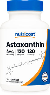 Nutricost Astaxanthin 4mg — bouteille de 120 gélules molles, pratique pour usage quotidien
