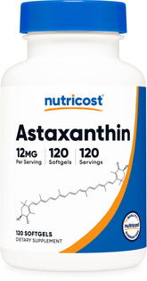 Nutricost Astaxanthin bouteille 12 mg, usage quotidien possible pour le bien-être général.
