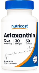 Nutricost Astaxanthine 12mg : bouteille ouverte montrant les gélules faciles à prendre.
