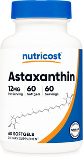 Nutricost Astaxanthine 12 mg, flacon montrant les gélules et le dosage pratique.