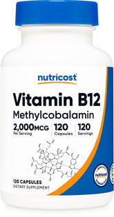 Nutricost B12 2000mcg en bouteille, soutien quotidien potentiel.