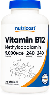 Nutricost B12 5000mcg, bouteille pratique pour une supplémentation quotidienne.
