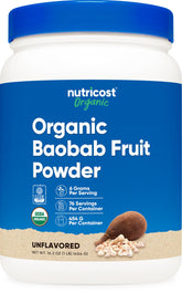 Nutricost Baobab en poudre dans l’emballage, pratique et facile à ranger.