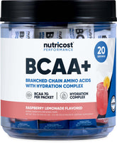 Nutricost BCAA+ Hydration dans un shaker, boisson framboise citron, idéale après l'entraînement.