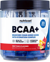 Nutricost BCAA+ Hydration sachet fruit punch: rafraîchissement pratique et goût fruité.