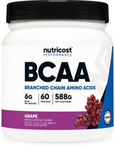 Nutricost BCAA Poudre Raisin — Bouteille pratique pour séances d'entraînement.
