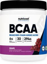 Nutricost BCAA Poudre raisin bouteille, idéal pour supporter l'énergie pendant l'entraînement.