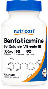 Nutricost Benfotiamine 300 mg — capsules, formulation lipophile pour une biodisponibilité potentielle.