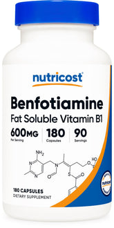 Nutricost Benfotiamine 600 mg – bouteille de capsules, soutien quotidien potentiel au bien-être.