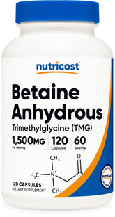 Nutricost bétaïne anhydre – bouteille de 60 portions, dosage 750 mg par capsule