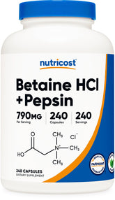 Nutricost Betaïne HCl Pepsine, bouteille, soutien digestif potentiel après les repas.