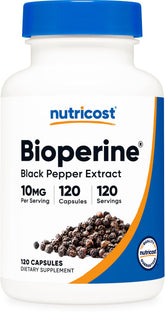 Nutricost Bioperine bouteille montrant l’extrait de poivre noir et sa concentration.