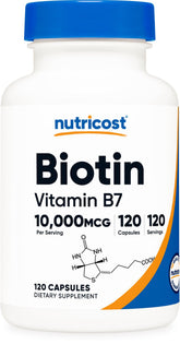Nutricost Biotine bouteille 120 capsules – dosage élevé prêt à l’emploi.