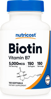 Nutricost Biotine 5000 mcg, capsules molles faciles à avaler pour usage quotidien.