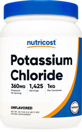 Nutricost chlorure de potassium en poudre, bouteille 1 kg prête à l'emploi.