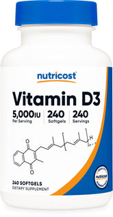 Nutricost Vitamine D3, bouteille de gélules 5000 UI prête à l'emploi.