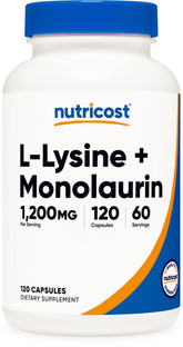 Nutricost - bouteille de gélules L-Lysine Monolaurin, soutien nutritionnel potentiel.