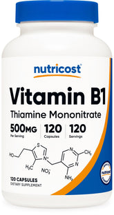 Nutricost Vitamine B1 500 mg en bouteille, soutien quotidien potentiel.
