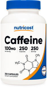 Nutricost Caféine 100 mg en capsules, boîte, énergie soutenue.