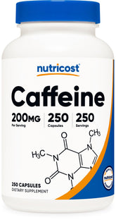 Nutricost Caféine gélules 200 mg dans une bouteille pratique pour énergie rapide.