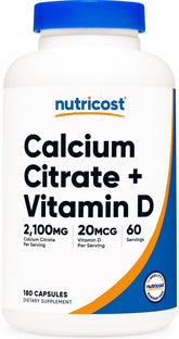 Nutricost Calcium Citrate + Vitamine D, bouteille de gélules pour une routine quotidienne.
