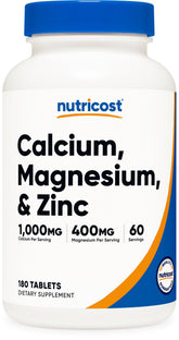 Nutricost Calcium-Magnésium-Zinc, flacon pratique pour dosage quotidien.