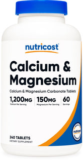 Nutricost Calcium et Magnésium Carbonate, bouteille ouverte, apport minéral quotidien.