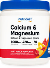Nutricost Calcium Magnésium Poudre Fruit Punch, boîte, apport minéral quotidien.