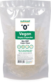 Capsules vides vegan Nutricost taille 0 transparentes, adaptées à la personnalisation des compléments.