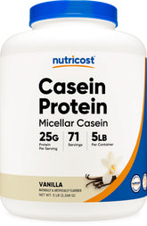 Nutricost Caséine Poudre Vanille dans un bocal, option protéique pratique pour collations.