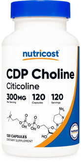 Nutricost CDP Choline 300 mg – bouteille avec étiquette sans gluten