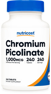 Nutricost Chromium 1000mcg tablettes dans la bouteille, pratique pour votre routine nutritionnelle.