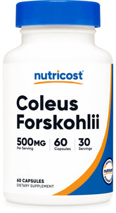 Nutricost Coleus Forskohlii, bouteille et étiquette, soutien naturel quotidien.