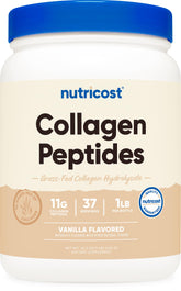 Pot Nutricost Collagen Peptides Vanille 1 lb montré avec étiquette claire et bouchon