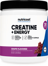 Nutricost Creatine + Energy, bouteille goût raisin, idéal pour les séances d'entraînement soutenues.