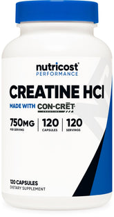 Nutricost Créatine HCl capsules 750 mg visibles dans la bouteille, pratique pour la supplémentation.
