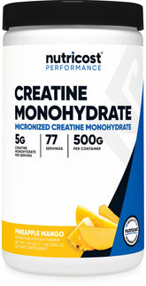 Nutricost Créatine Monohydrate Ananas Mangue - poudre micronisée prête au mélange avant l'entraînement.