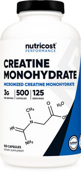 Nutricost Créatine Monohydrate en bouteille, format pratique pour l'entraînement.