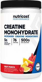 Nutricost Créatine Monohydrate Poudre, arôme fruits rouges, soutien potentiel à la performance sportive.